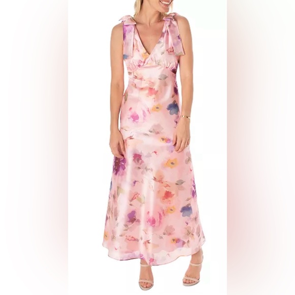 Maison Tara V Neck Pink Watercolor Floral Maxi Dress with Bow Straps size 6 $148 - Picture 4 of 16